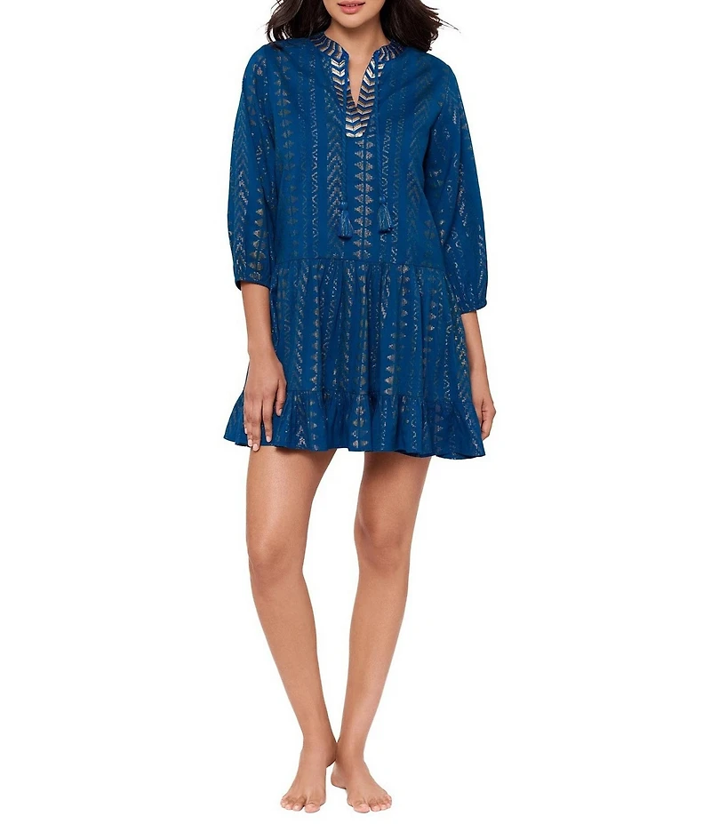 Miraclesuit Shimmer Gold Jacquard Embroidered Split V-Neck Beach Dress Swim Cover-Up