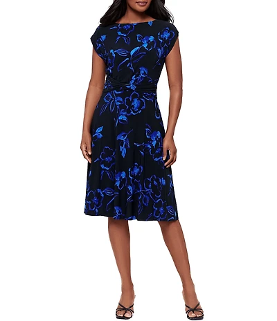 Miraclesuit Sketchbook Auri Boat Neck Cap Sleeve Twist Waist Shaping Knee Length Dress