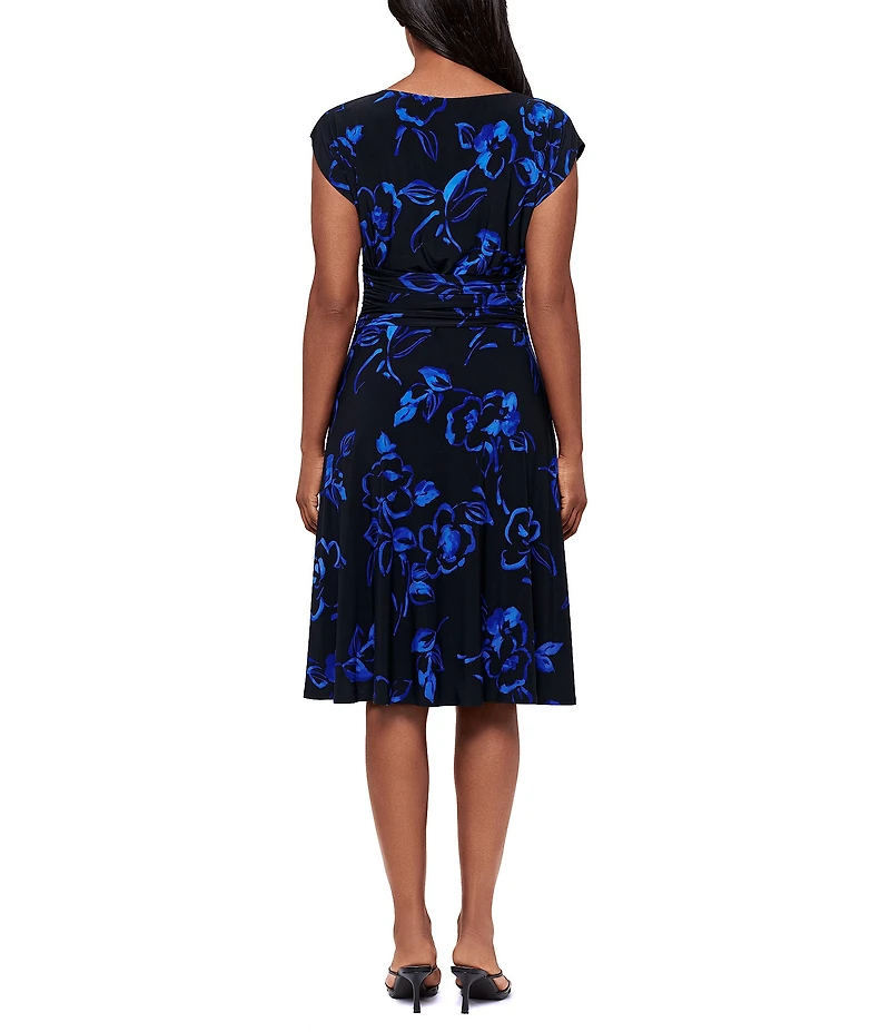 Miraclesuit Sketchbook Auri Boat Neck Cap Sleeve Twist Waist Shaping Knee Length Dress