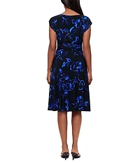 Miraclesuit Sketchbook Auri Boat Neck Cap Sleeve Twist Waist Shaping Knee Length Dress