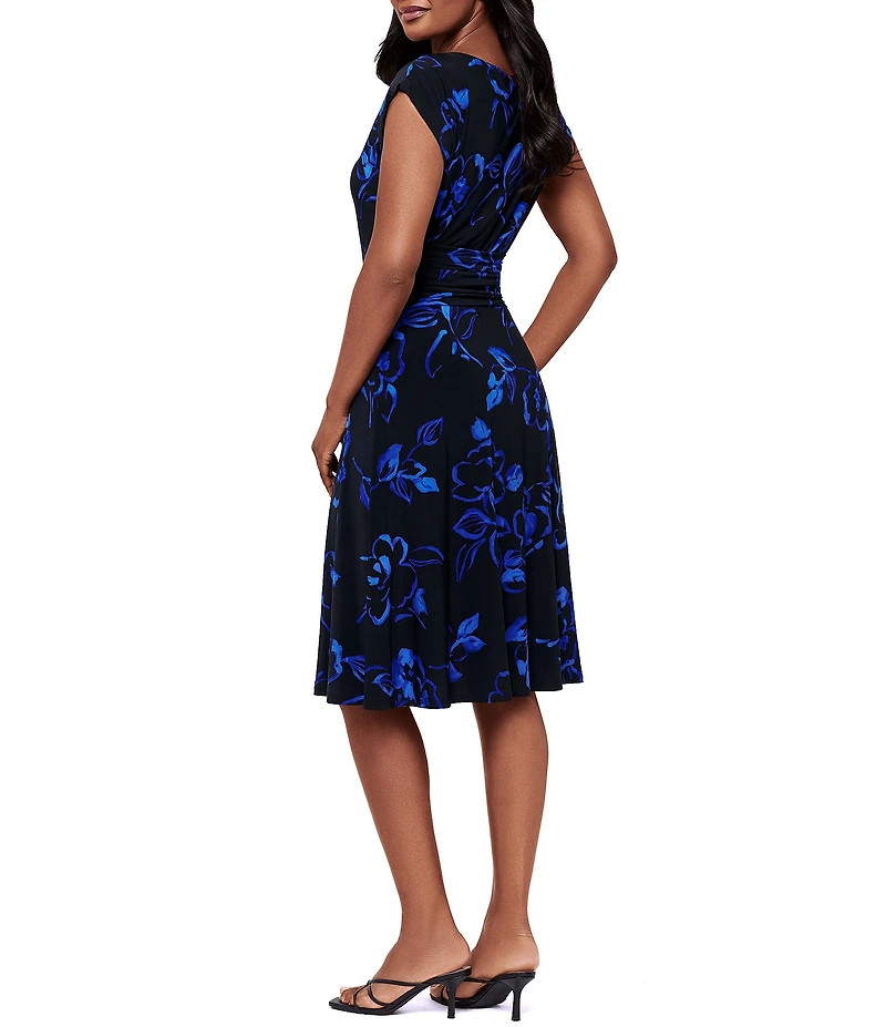 Miraclesuit Sketchbook Auri Boat Neck Cap Sleeve Twist Waist Shaping Knee Length Dress
