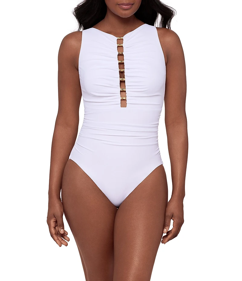 Miraclesuit Solid Razzle Dazzle Swizzle Plunge Neck Underwire One Piece Swimsuit
