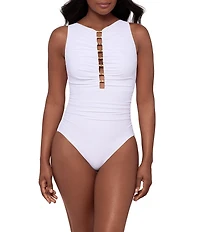 Miraclesuit Solid Razzle Dazzle Swizzle Plunge Neck Underwire One Piece Swimsuit