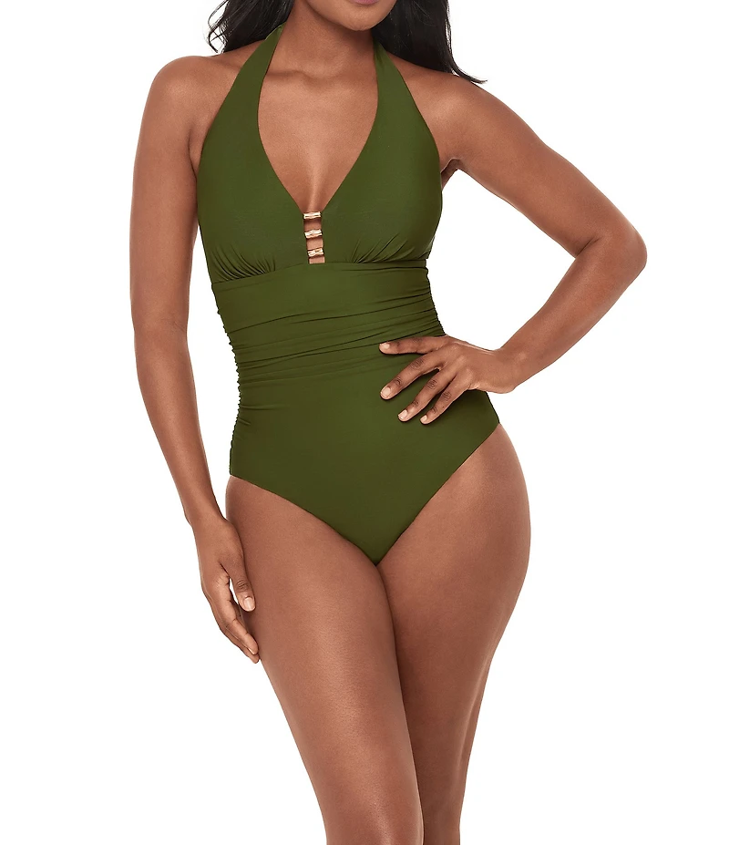 Miraclesuit Solid Razzle Dazzle Theia Plunge V-Neck One Piece Swimsuit