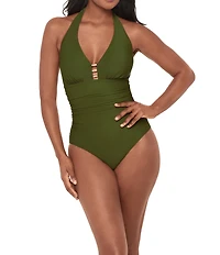 Miraclesuit Solid Razzle Dazzle Theia Plunge V-Neck One Piece Swimsuit