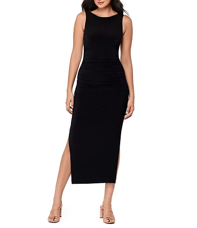 Miraclesuit Solid Roxi Boat Neck Sleeveless Double Side Slit Midi Dress