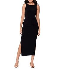 Miraclesuit Solid Roxi Boat Neck Sleeveless Double Side Slit Midi Dress