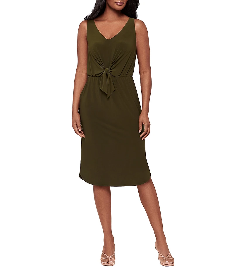 Miraclesuit Solid Tali V-Neck Sleeveless Knotted Waist Shaping Midi Dress