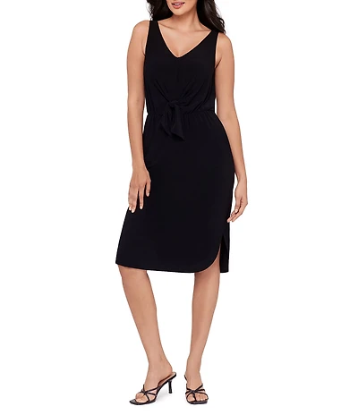 Miraclesuit Solid Tali V-Neck Sleeveless Knotted Waist Shaping Midi Dress