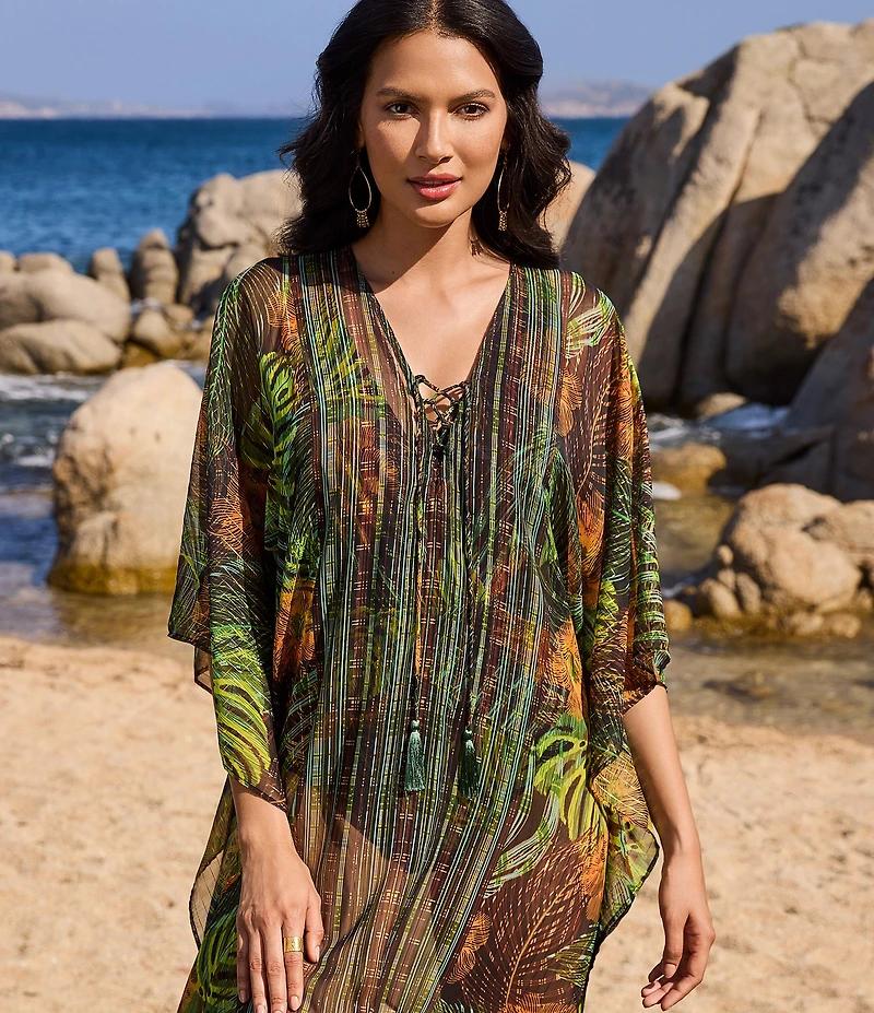 Miraclesuit Sunset Islet Lace-Up V-Neck Caftan Swim Cover-Up