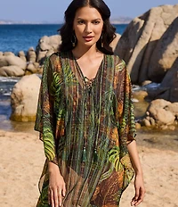 Miraclesuit Sunset Islet Lace-Up V-Neck Caftan Swim Cover-Up