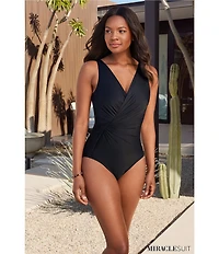 Miraclesuit Twisted Sisters Esmeralda Solid Surplice Neck Underwire Bra One Piece Swimsuit