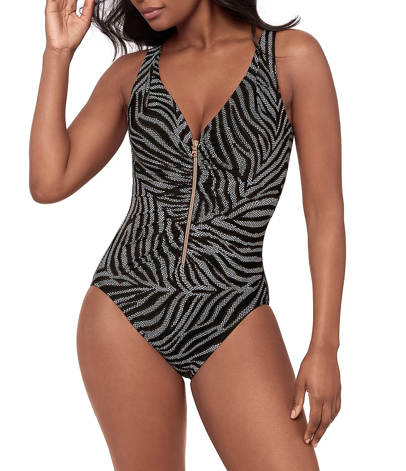 Miraclesuit Zironic Zebra Print Zip Front Tank One Piece Swimsuit