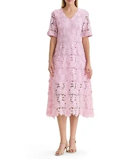 MISOOK 3D Floral Lace Applique V-Neck Short Sleeve Fit-And-Flare Midi Dress