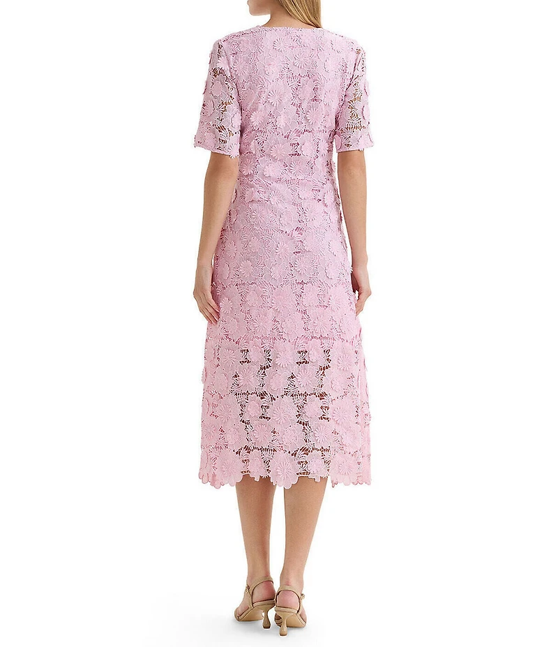 MISOOK 3D Floral Lace Applique V-Neck Short Sleeve Fit-And-Flare Midi Dress