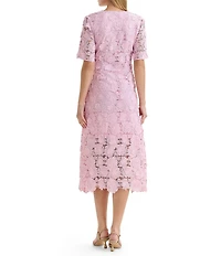 MISOOK 3D Floral Lace Applique V-Neck Short Sleeve Fit-And-Flare Midi Dress