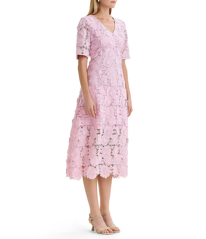 MISOOK 3D Floral Lace Applique V-Neck Short Sleeve Fit-And-Flare Midi Dress