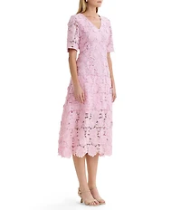 MISOOK 3D Floral Lace Applique V-Neck Short Sleeve Fit-And-Flare Midi Dress