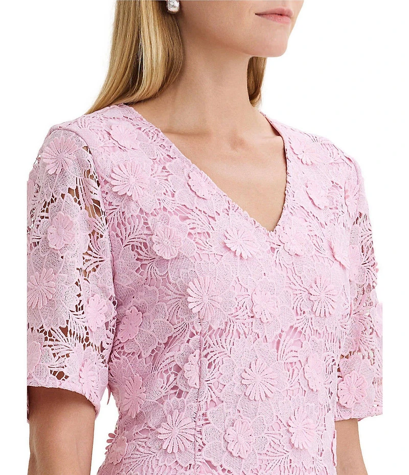 MISOOK 3D Floral Lace Applique V-Neck Short Sleeve Fit-And-Flare Midi Dress