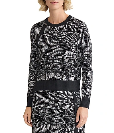 MISOOK Abstract Animal Print Coordinating Soft Knit Crew Neck Long Sleeve Button Top