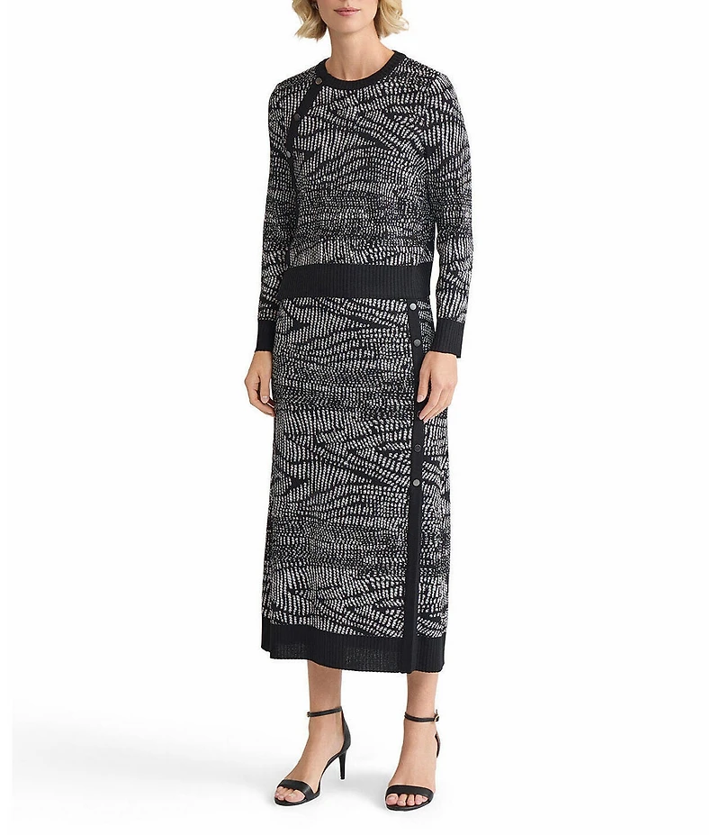 MISOOK Abstract Animal Print Coordinating Soft Knit Crew Neck Long Sleeve Button Top