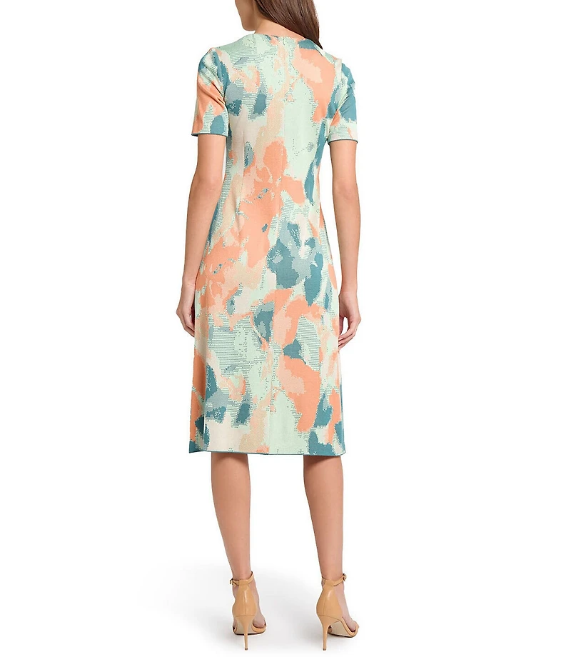 MISOOK Abstract Floral Knit Round Neck Short Sleeve A-Line Midi Dress
