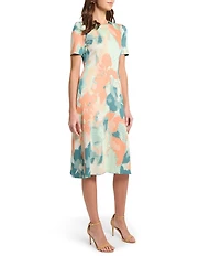 MISOOK Abstract Floral Knit Round Neck Short Sleeve A-Line Midi Dress