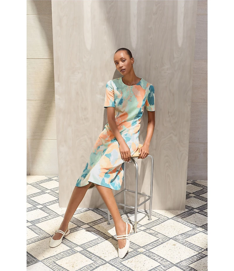 MISOOK Abstract Floral Knit Round Neck Short Sleeve A-Line Midi Dress