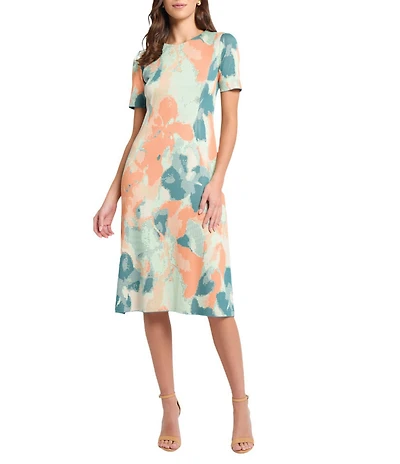 MISOOK Abstract Floral Knit Round Neck Short Sleeve A-Line Midi Dress