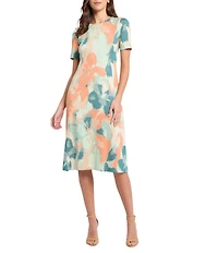 MISOOK Abstract Floral Knit Round Neck Short Sleeve A-Line Midi Dress