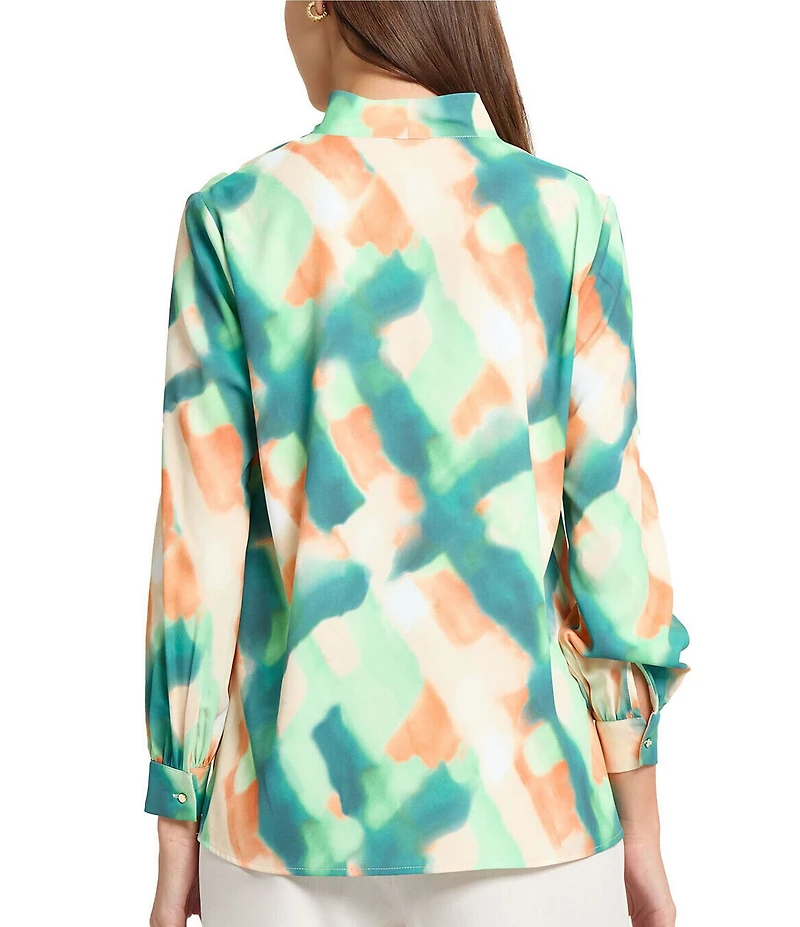 MISOOK Abstract Print Crepe De Chine Mandarin Collar V-Neck Long Sleeve Blouse