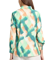 MISOOK Abstract Print Crepe De Chine Mandarin Collar V-Neck Long Sleeve Blouse