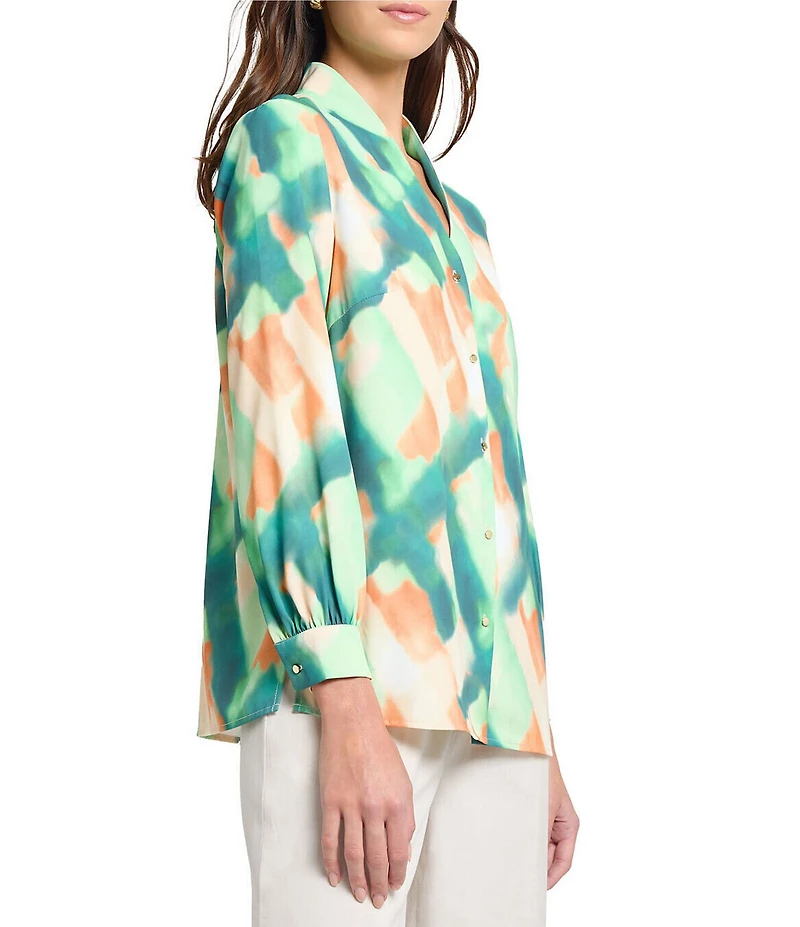 MISOOK Abstract Print Crepe De Chine Mandarin Collar V-Neck Long Sleeve Blouse