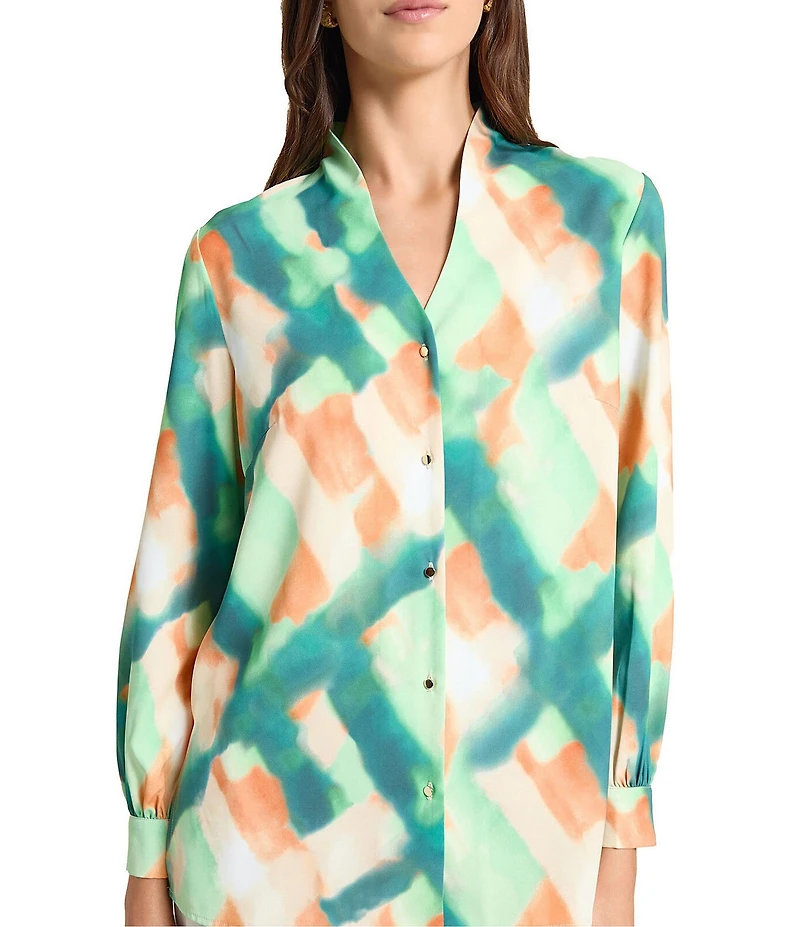 MISOOK Abstract Print Crepe De Chine Mandarin Collar V-Neck Long Sleeve Blouse