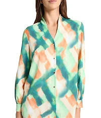 MISOOK Abstract Print Crepe De Chine Mandarin Collar V-Neck Long Sleeve Blouse