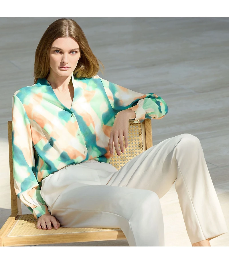 MISOOK Abstract Print Crepe De Chine Mandarin Collar V-Neck Long Sleeve Blouse