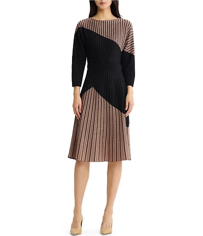 MISOOK Asymmetric Colorblock Striped Boat Neck Bracelet Dolman Sleeve Fit & Flare Dress