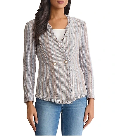 MISOOK Asymmetrical Fringe Trim Stripe Knit V-Neck Long Sleeve Jacket