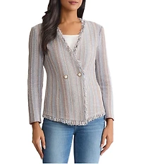 MISOOK Asymmetrical Fringe Trim Stripe Knit V-Neck Long Sleeve Jacket