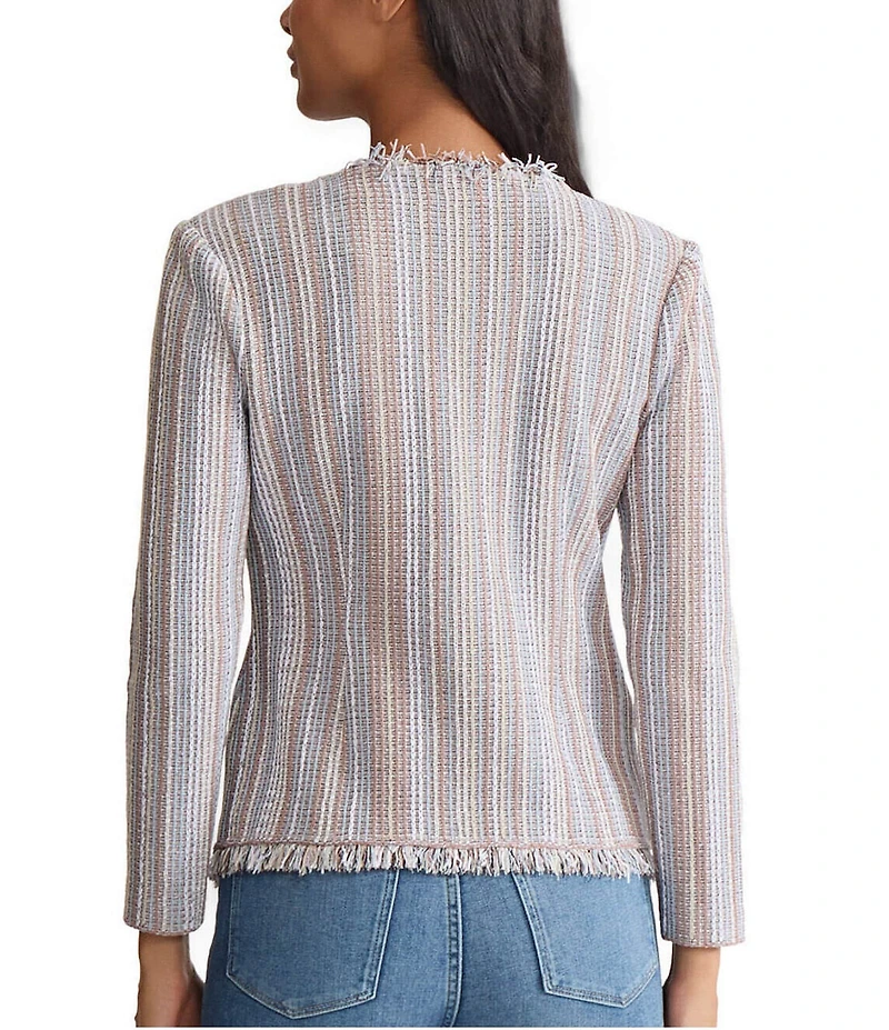 MISOOK Asymmetrical Fringe Trim Stripe Knit V-Neck Long Sleeve Jacket