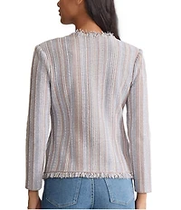 MISOOK Asymmetrical Fringe Trim Stripe Knit V-Neck Long Sleeve Jacket