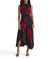 MISOOK Bold Floral Knit Boat Neck Sleeveless Asymmetrical Hem A-Line Midi Dress