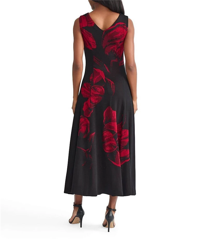 MISOOK Bold Floral Knit Boat Neck Sleeveless Asymmetrical Hem A-Line Midi Dress