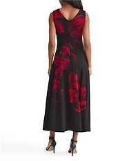 MISOOK Bold Floral Knit Boat Neck Sleeveless Asymmetrical Hem A-Line Midi Dress