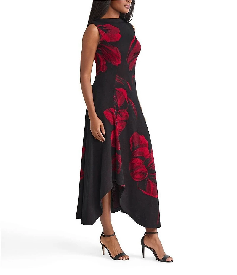MISOOK Bold Floral Knit Boat Neck Sleeveless Asymmetrical Hem A-Line Midi Dress