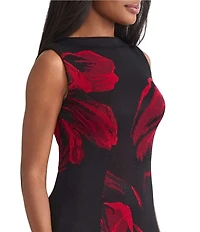 MISOOK Bold Floral Knit Boat Neck Sleeveless Asymmetrical Hem A-Line Midi Dress