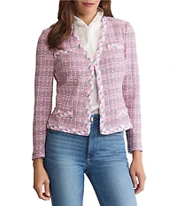 MISOOK Braided Trim Tweed Knit V-Neck Long Sleeve Jacket