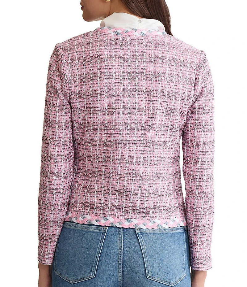 MISOOK Braided Trim Tweed Knit V-Neck Long Sleeve Jacket