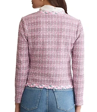 MISOOK Braided Trim Tweed Knit V-Neck Long Sleeve Jacket