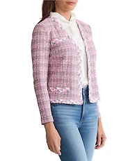 MISOOK Braided Trim Tweed Knit V-Neck Long Sleeve Jacket